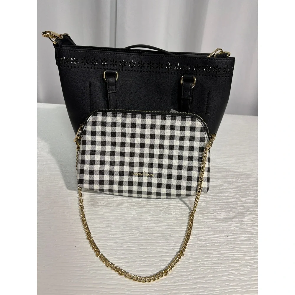 Nanette Lepore Black Vegan Leather Satchel Bag in a Bag Gingham Baguette